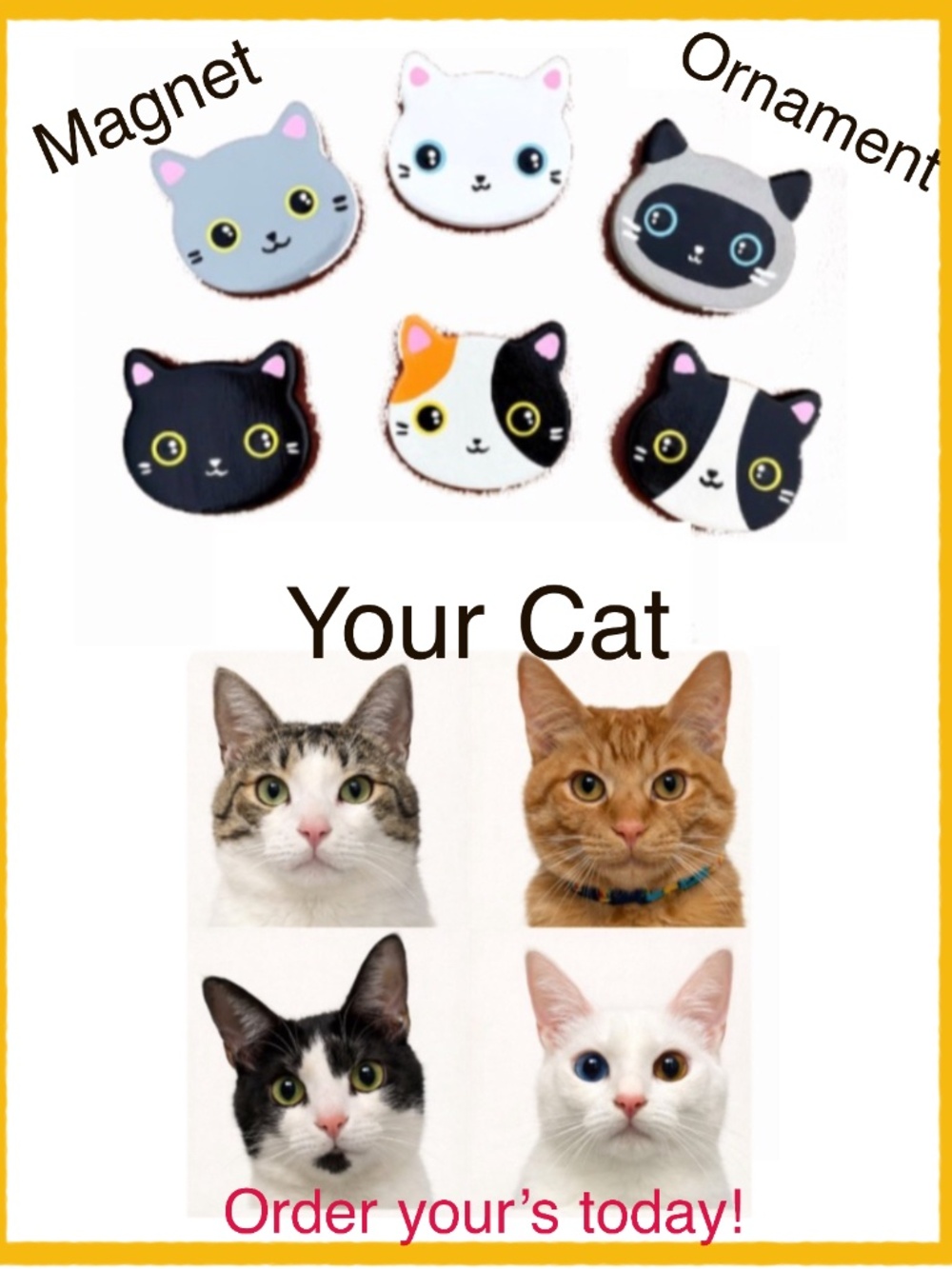 Your cat face - Choose Ornament or Magnet - Handmade Custom Order